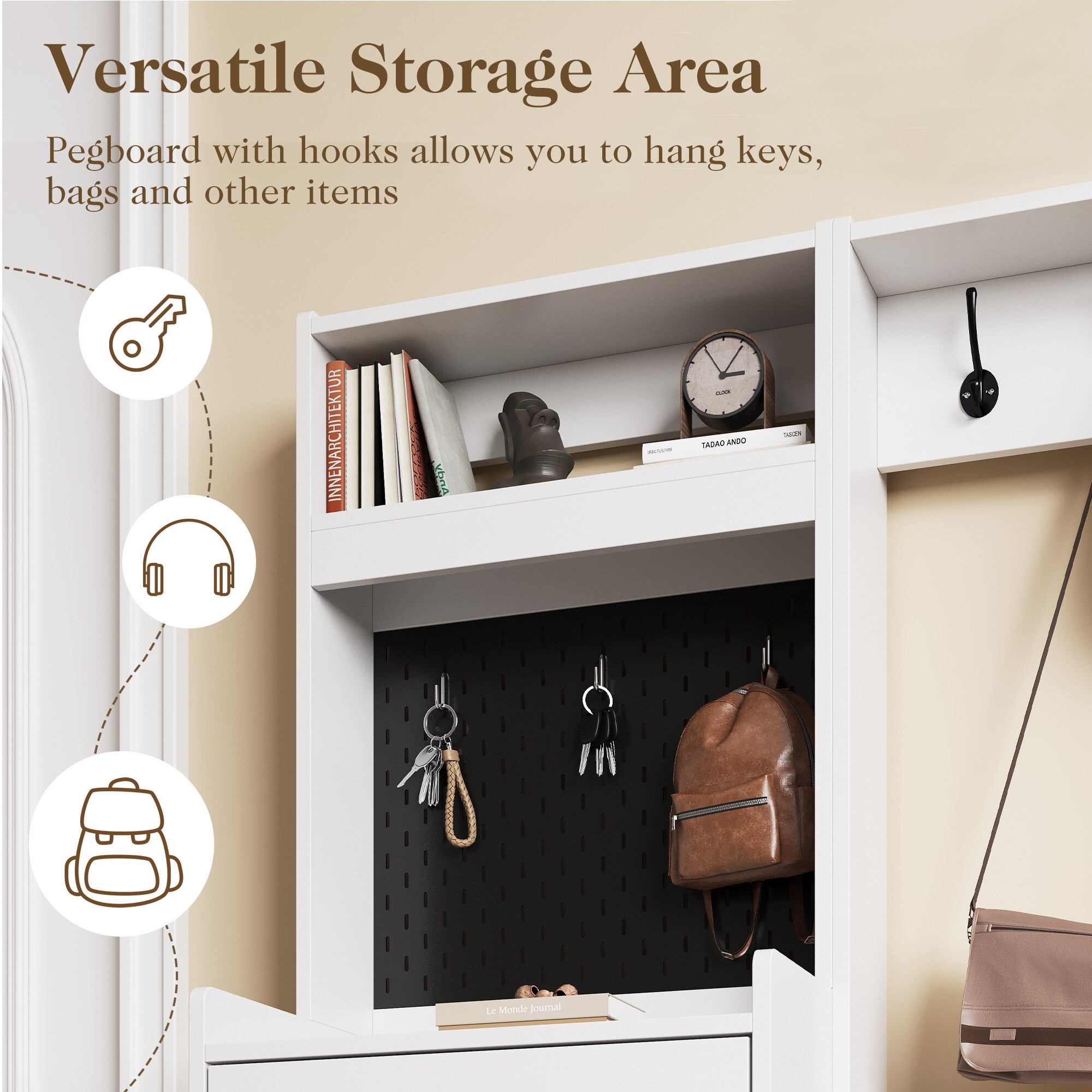5-in-1 Shoe Cabinet With Flip Drawer, Entryway Shoe Storage With Pegboard, Adjustable Shelf, Wood Entryway Cabinet, White_voghion.com